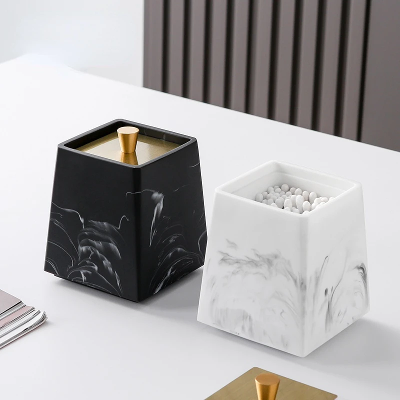 

Creative Marbling Resin Storage Box Golden Lid Cotton Swab Box Storage Box Bathroom Storage Accessories Cosmetic Containers