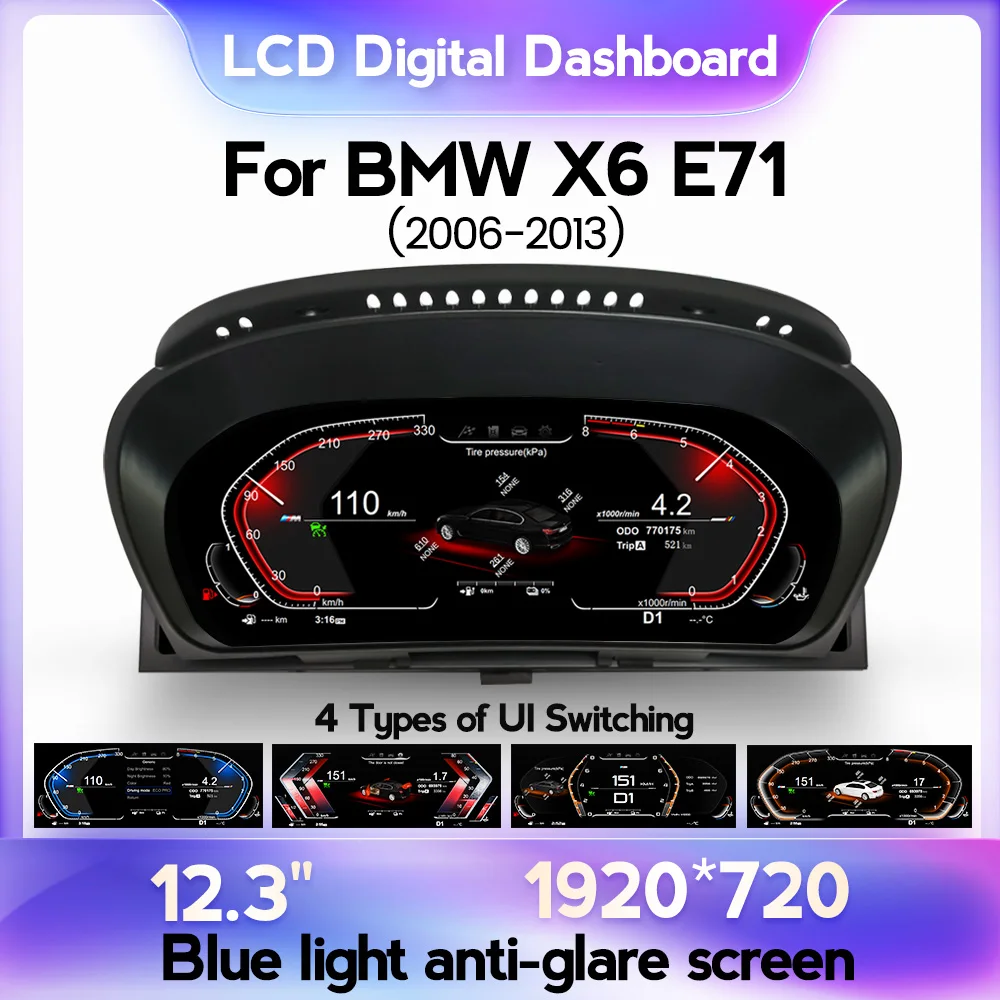 

2023 Linux Car Speedometer Dashboard Monitor Display For BMW X5 E70 X6 E71 2006 2007 - 2012 12.3" Blue light anti-glare Screen