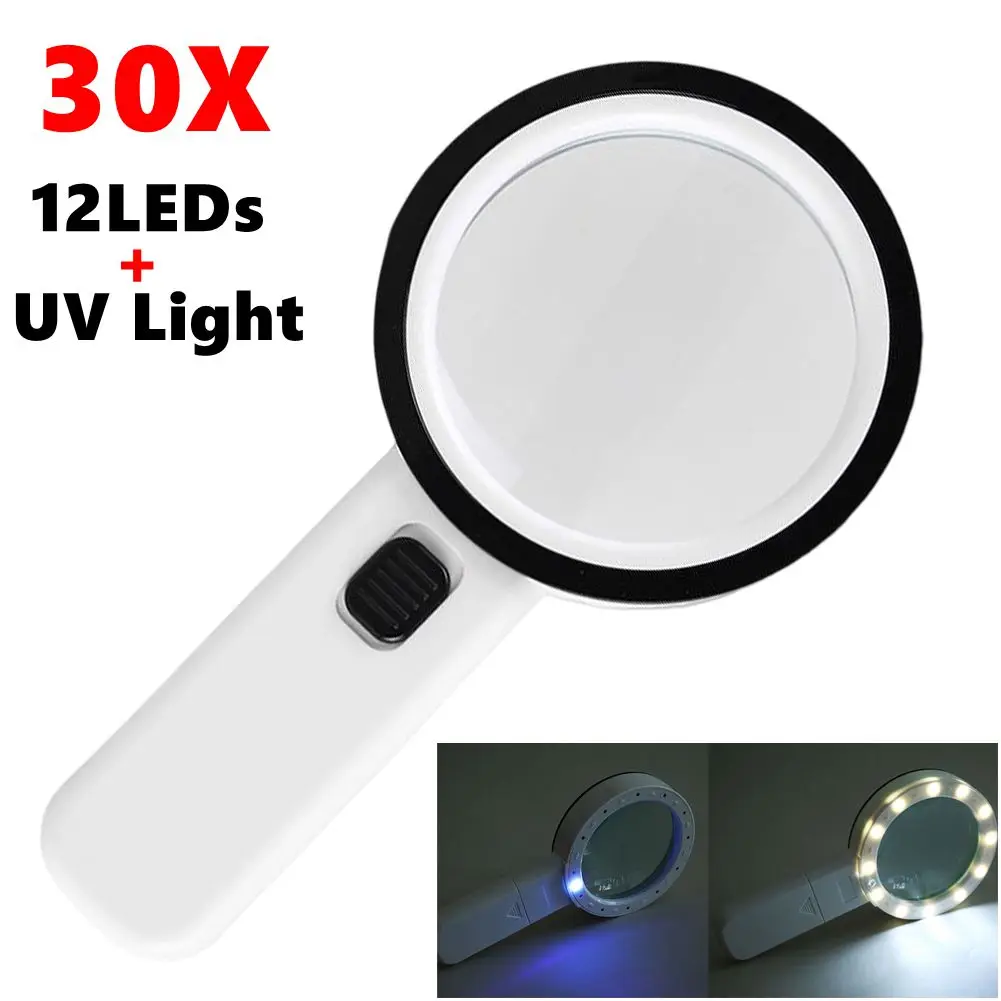 45X/30X Handheld Reading Magnifying Glass Lens Jewelry Watch Loupe Magnifier Illuminated Jewelry Loupe Magnifier With 12/3 LED magnifying glass