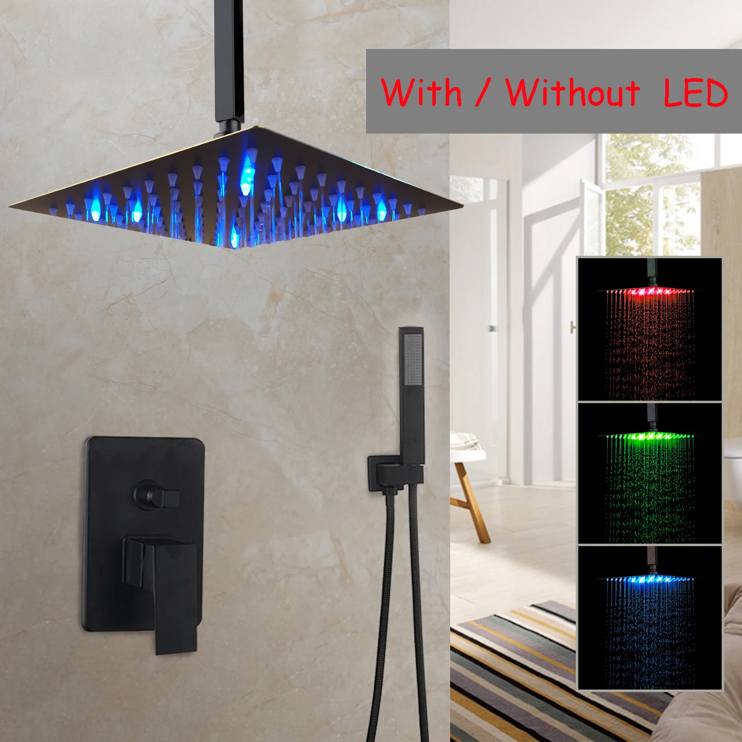Bad Schwarz Farbe Dusche System Wasserhahn Set Regen Sets Badewanne Led Quadratischen Duschkopf Auslauf