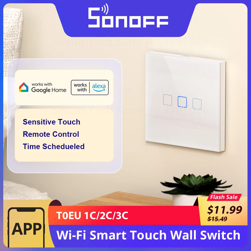SONOFF T0EU 와이파이 스마트 벽 스위치, 민감한 터치 원격 제어 시간 일정 ewelink를 통한 알렉사 구글과 함께 작동