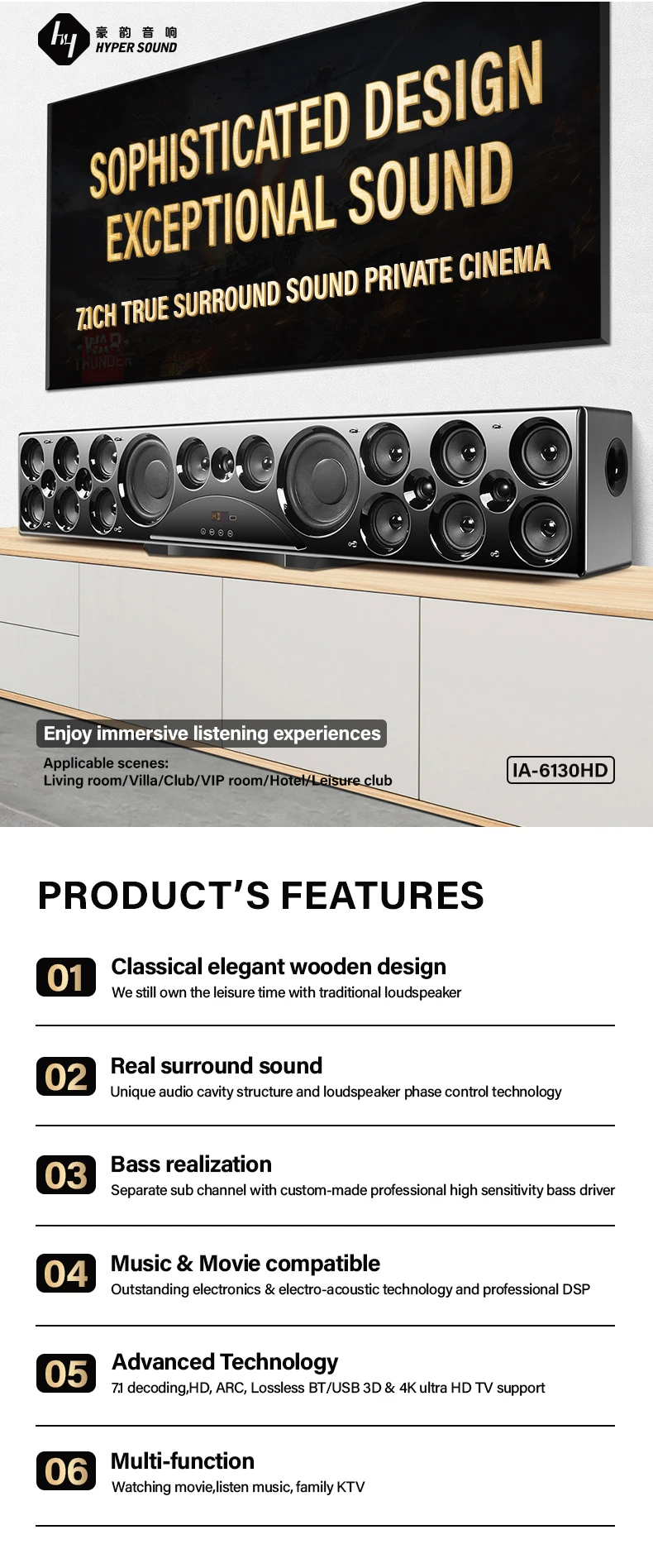 7.1ch Home Theater Sound Bar Speaker System with 310W Power Output Wireless BT M