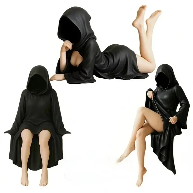 Neue heiße 3-teilige handgefertigte Statue einer geheimnisvollen schwarzen Königin im Umhang, dunkle Dekoration für Zuhause, Schreibtisch, Halloween, Auto.