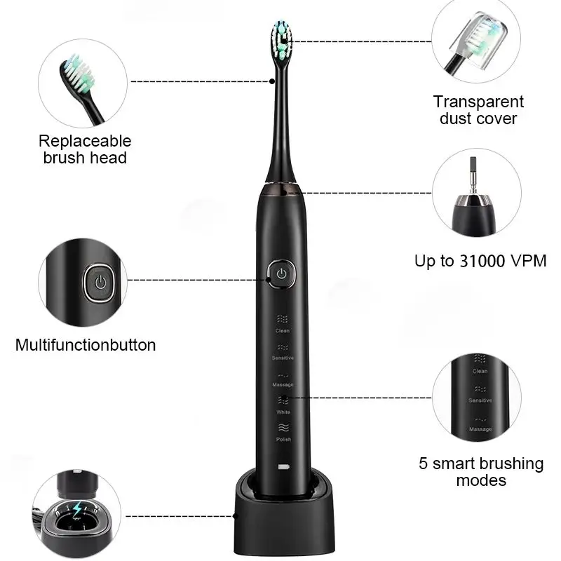 Smart Sonic Electric Toothbrush Ultrasound IPX7 Rechargeable Tooth Brush 5 Mode Smart Time Whitener Teethbrush HOMEFISH S100