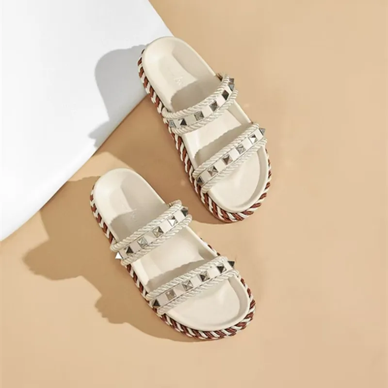 Sheepskin braided rivet flat heel thick sole heightened comfortable