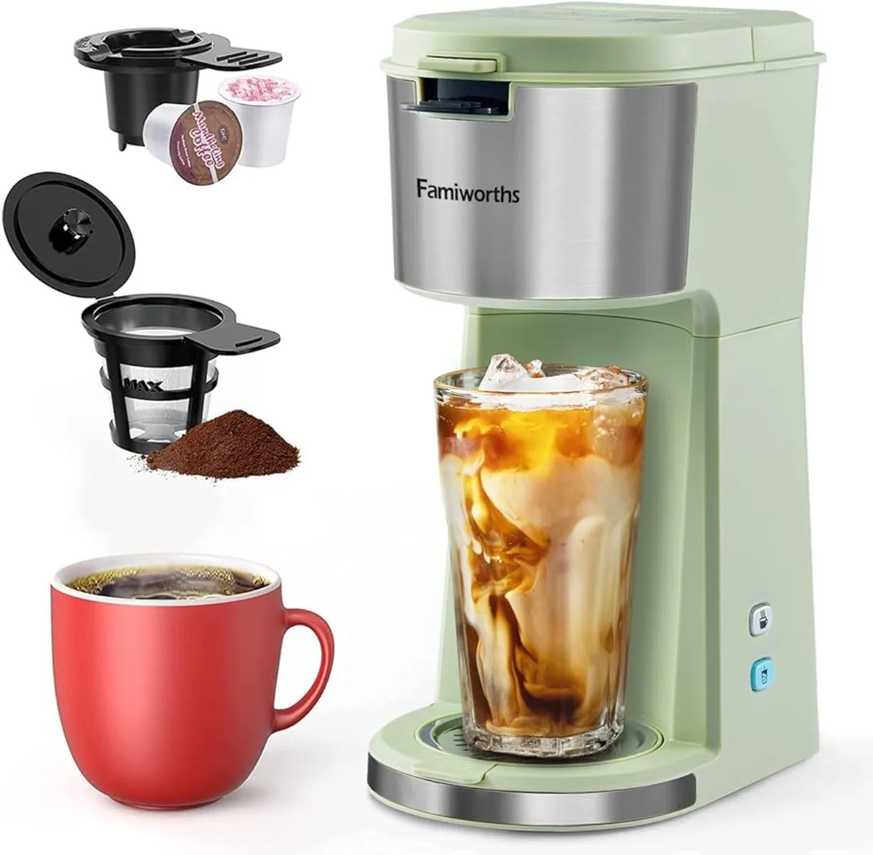 

Hot and Cold Coffee Maker Single Serve for K Cup and Ground, with Descaling Reminder and Self Cleaning，Matcha Green | USA | NEW