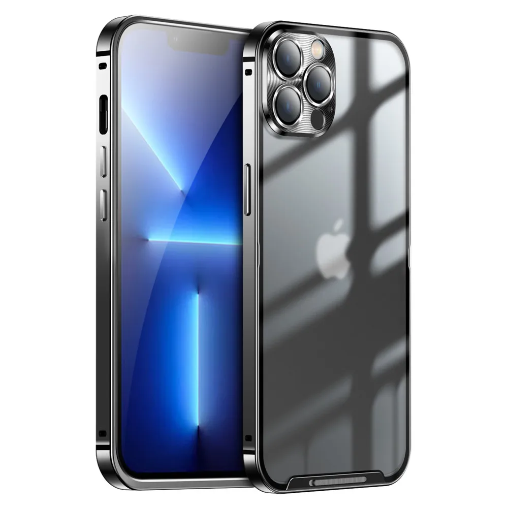 Metal Bumper Transparent Back CoverFor iPhone 13 Pro Max 12 Case Built-in Camera Protection Shockproof Phone Case Coque Fundas iphone se clear case