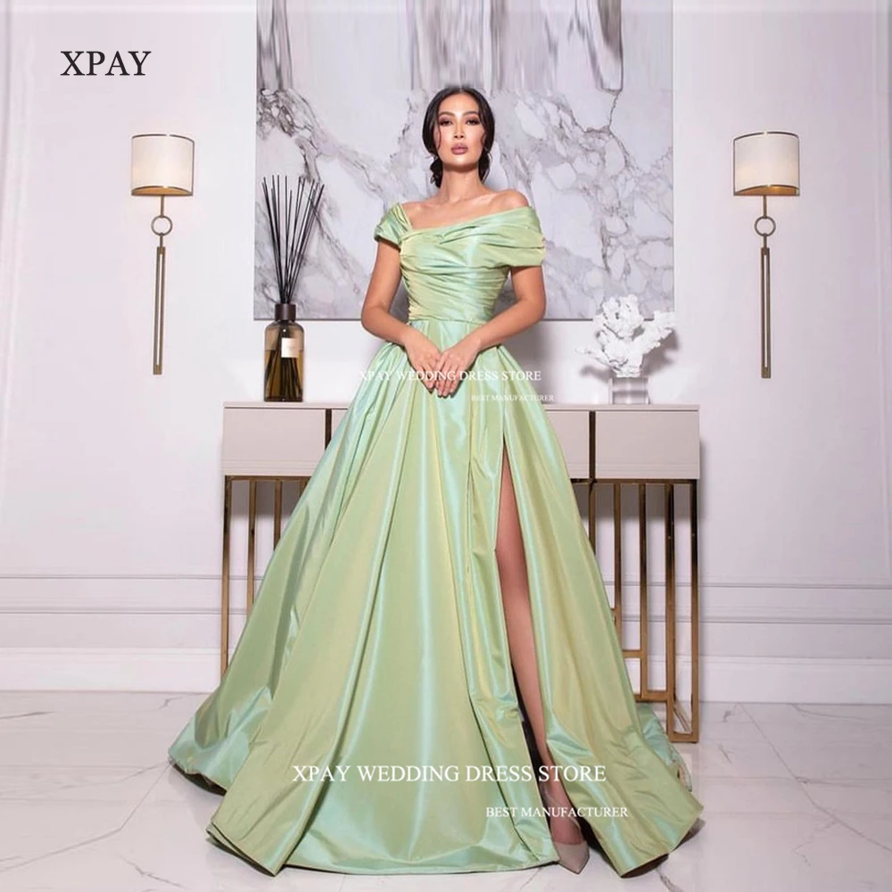 

XPAY Elegant Evening Dresses Floor-Length Short DIfferent Sleeves Split Dubai Arabic Women Prom Gowns Taffeta Formal Party Dress