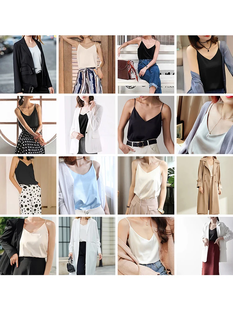 2022 Spaghetti Strap Top Women Halter V Neck Basic White Cami Sleeveless Satin Silk Tank Tops Women'S Summer Camisole