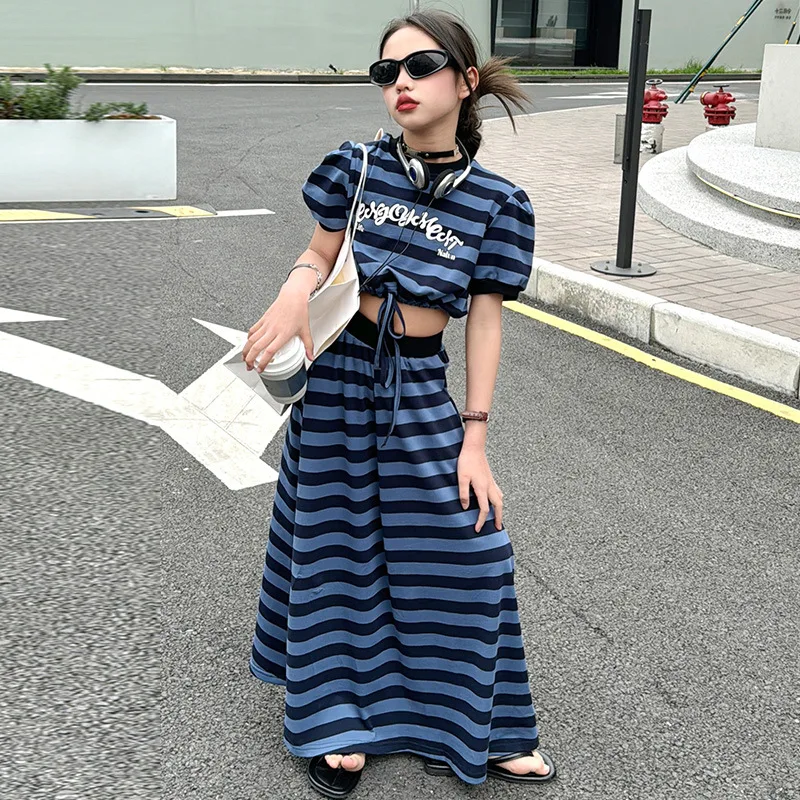 

Summer Girls Clothes Set Blue Striped Puff Sleeve T-shirt Skirt Two Pieces Teenage Kids Outfits Streetwear School Children Set