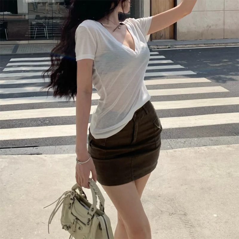 Women Short Sleeves T Shirt See Through Summer Solid Slim Casual Shirts Female Pullovers Basic Tee Y2k Clothes Streetwear Top 3