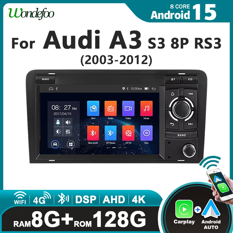Radio para Auto con Pantalla de 7 Pulgadas, Android 15, Carplay, Estéreo para Audi A3 S3 8P 3 Puertas Hatchback RS3 Sportback 2003-2012, Bluetooth, Navegación BT 1