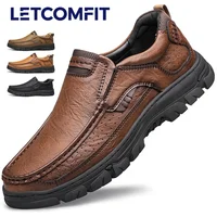 LETCOMFIT Men's Slip-On Casual Leather Shoes Wear-Resistant Anti-Skid Round Toe Loafers Thick Bottom Dress Footwear All Season