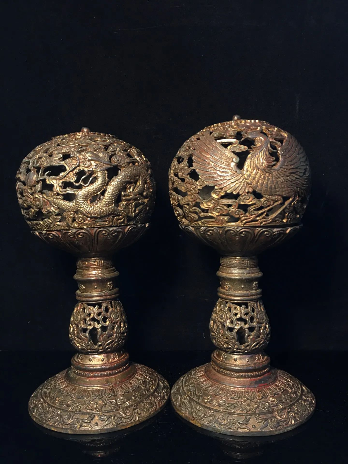 

11"Tibetan Temple Collection Old Bronze Cinnabar Dragon Phoenix incensory Wax table A pair incense burner Town House Exorcism