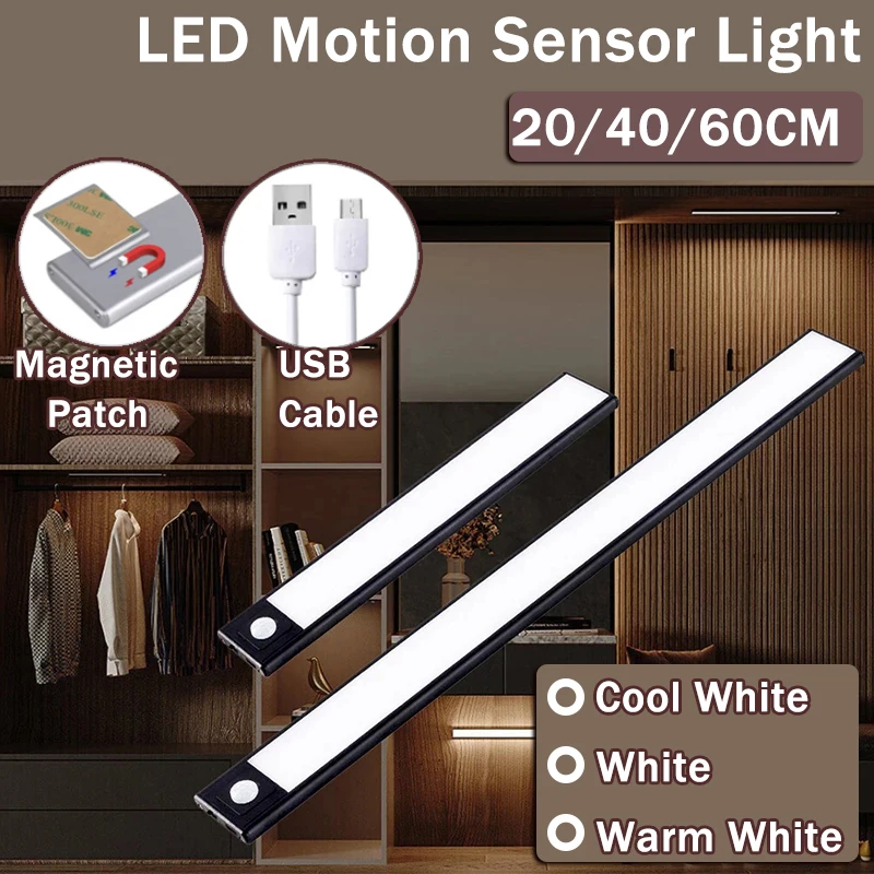 

LED Night Light PIR Motion Sensor Light 20/40/60cm USB Rechargeable Ultrathin Wireless Wardrobe Cabinet Light Bedroom Night Lamp