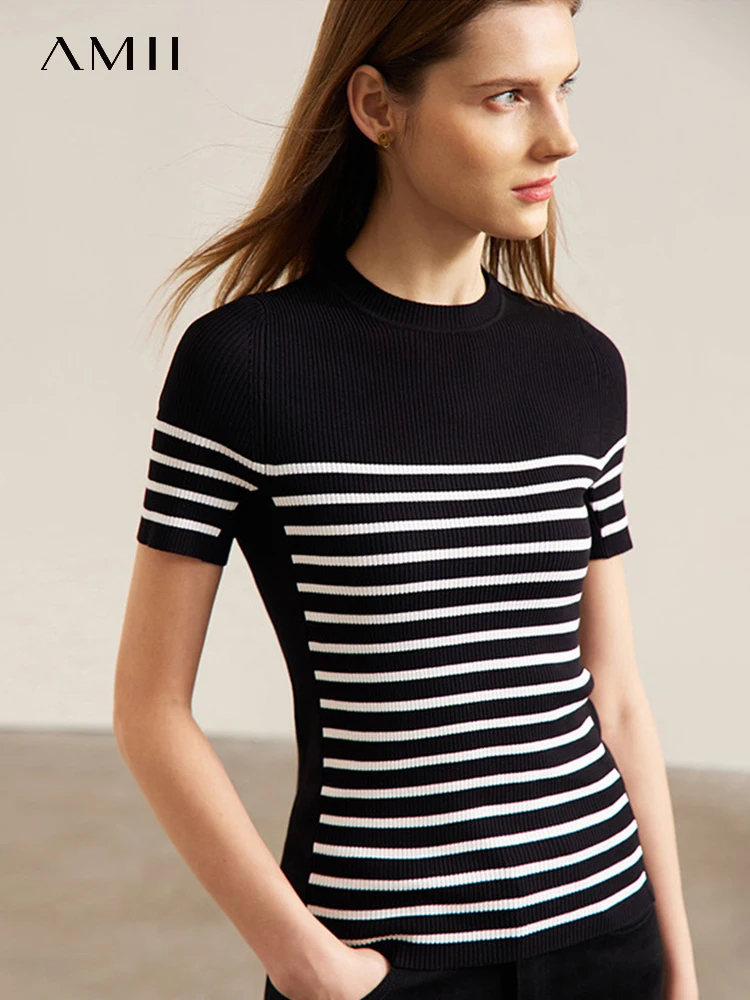 

AMII Minimalism Short Sleeves Knitwears Contrasting Colors 2023 Spring New Stripe Sweater Black Casual Womens Clothing 72321004