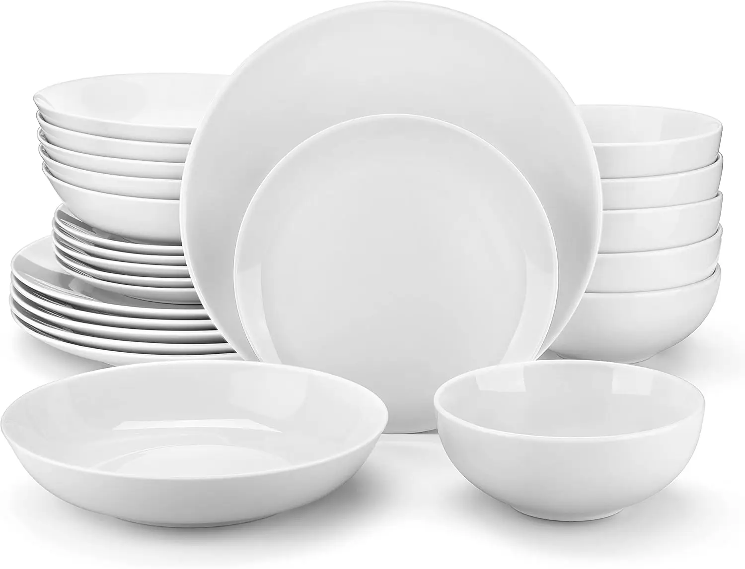 MALACASA 24-Piece Gourmet Porcelain Dinnerware Sets, Modern White Round Dish Set for 6-Premium Serving Plates and Bowls Sets f