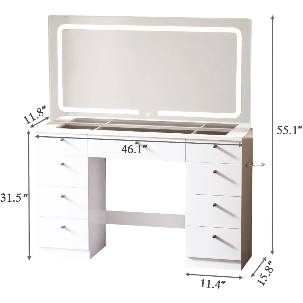 Makeup Vanity Desk with Mirror - 46 INCH Glass Tabletop Vanity Table with Lights, Drawers, Power Outlet, Large Storage Desk