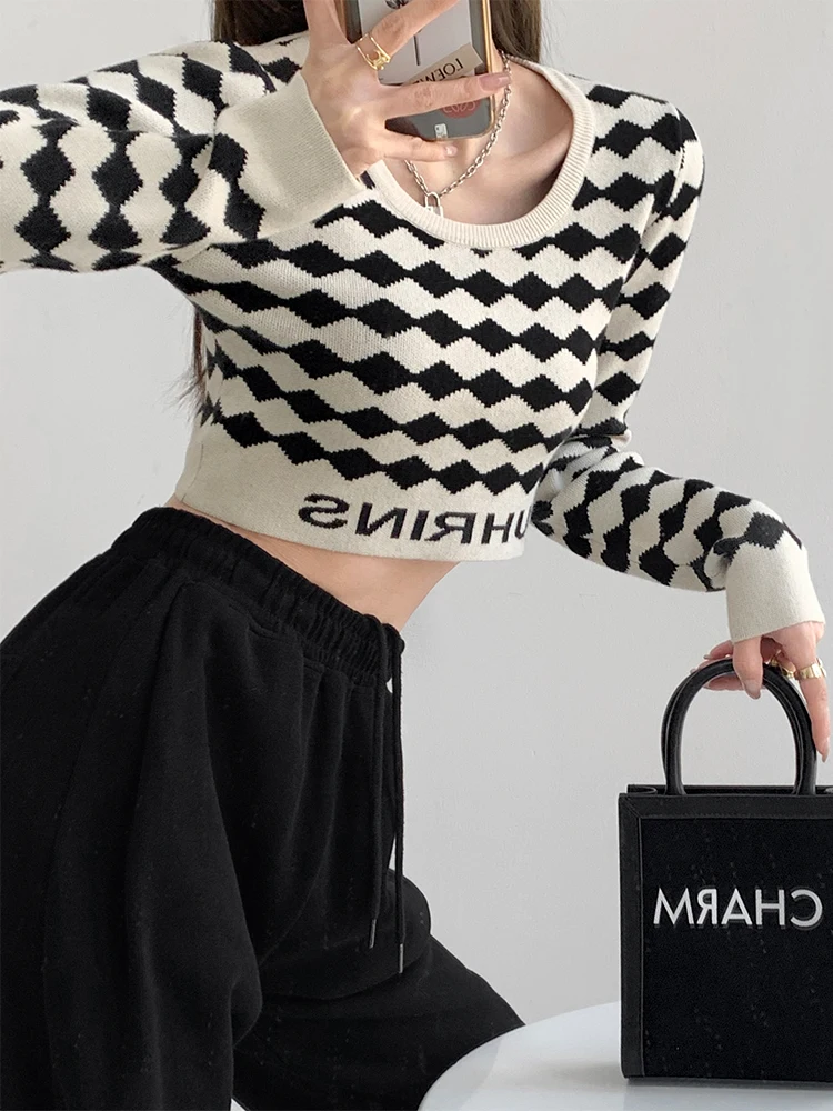 Women Contrast Color Rhombus Plaid Crop Pullover Crew-neck Long Sleeve Sweater Female Retro Slim Knitwear French Style Elegance - AliExpress