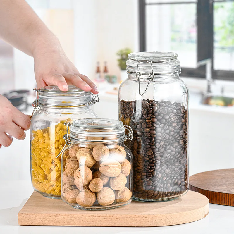 Large Glass Storage Jar With Air Tight Sealed Metal Clamp Lid Tall Kitchen  Cruet