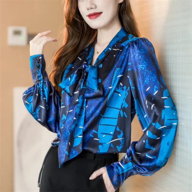 Exquisite Abstract Print Satin Casual Lantern Sleeve Shirt