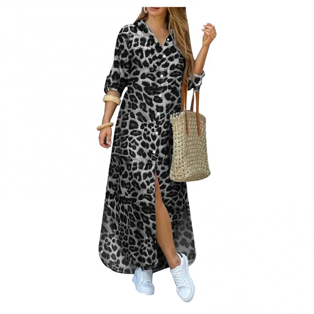 

Платье женское с длинным рукавом, модная камуфляжная рубашка макси с цветочным леопардовым принтом и разрезом на подоле, праздничное осеннее платье