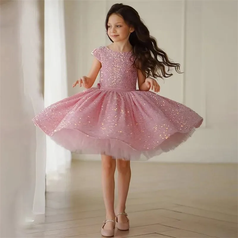 

Luxury Pink Shiny Sequined Flower Girl Dresses For Wedding Princess Sleeveless Knee Length Pageant First Communion Gowns Gift