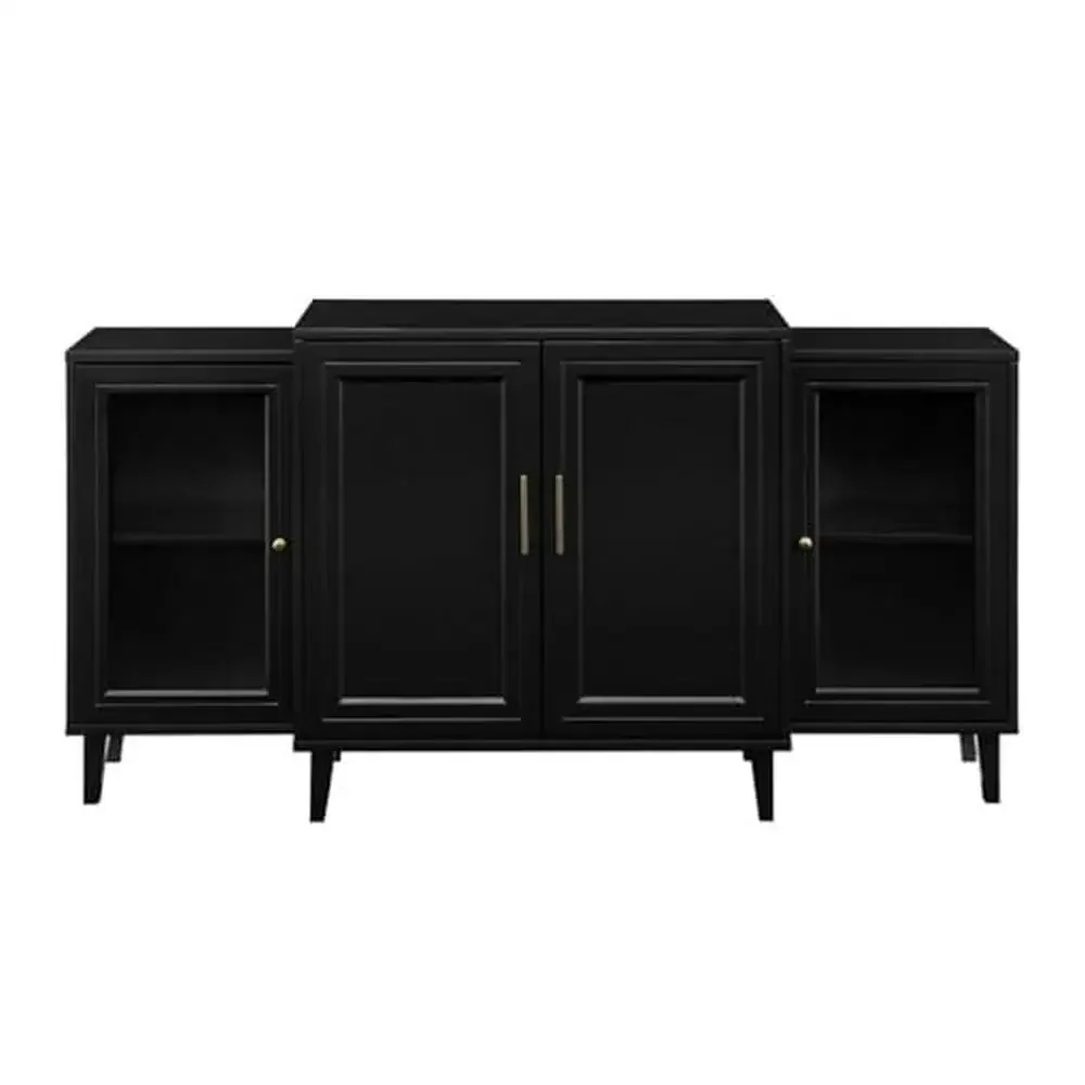 Black Wood Glass Door Tiered Sideboard Buffet Stand Adjustable Shelves Storage