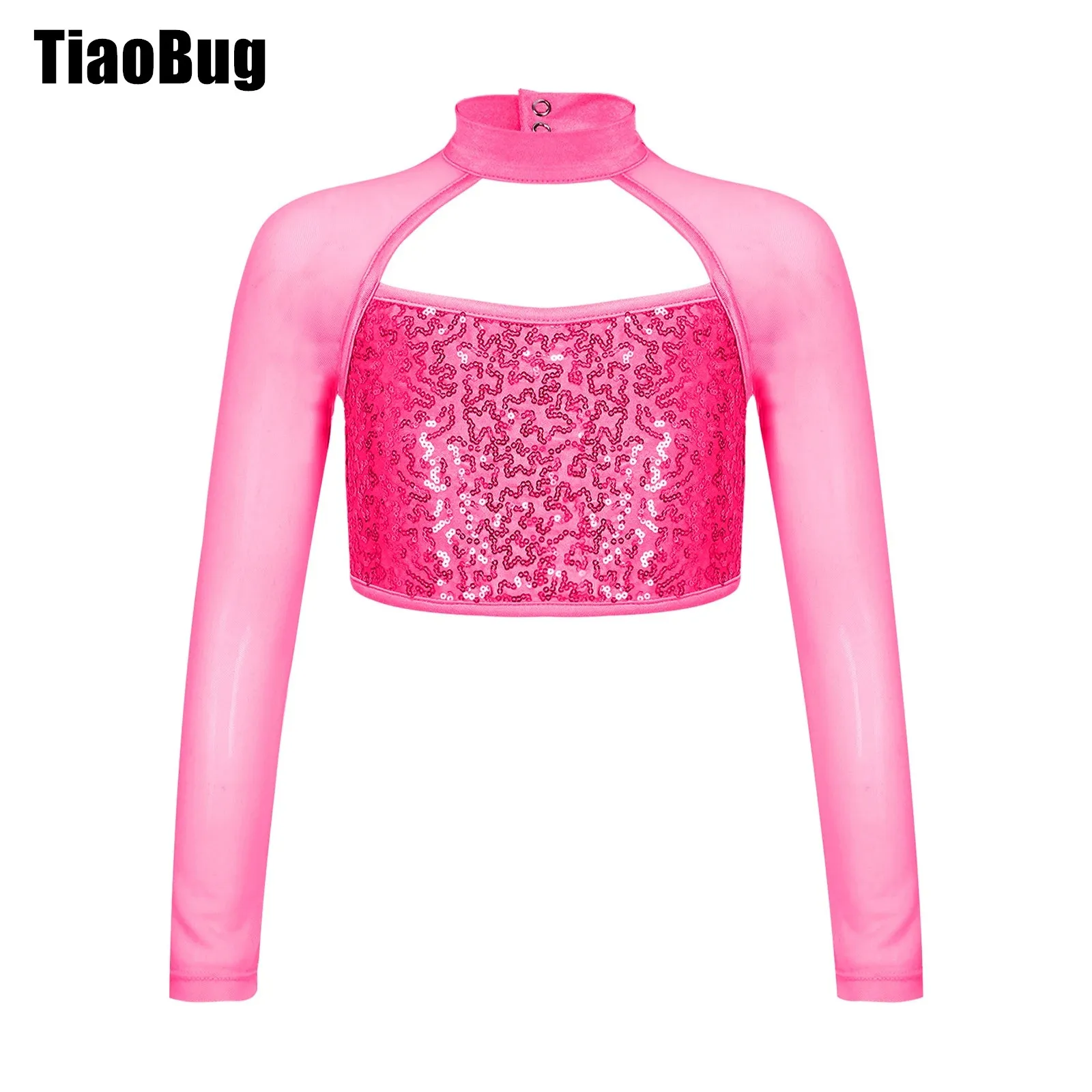 

Kids Girls Shiny Sequins Dance Top Sequins Decorated Stylish Clothing Long Sleeve Round Collar Hollow
