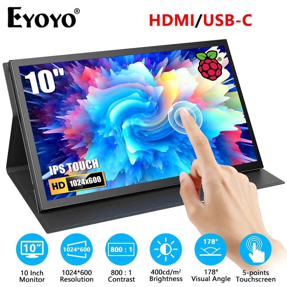 

Eyoyo HD 1024x600 Mini 10.1" IPS Capacitive Touchscreen Raspberry Pi 4/3B/3B+ Display HDMI Portable Monitor for Laptop/Banana Pi