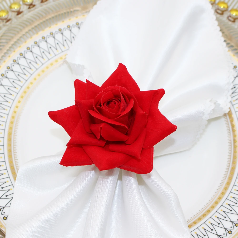 6Pcs Artificial Rose Napkin Rings Valentine's Day Flower Napkin Holder for Wedding Bridal Shower Birthday Party Home Table Decor