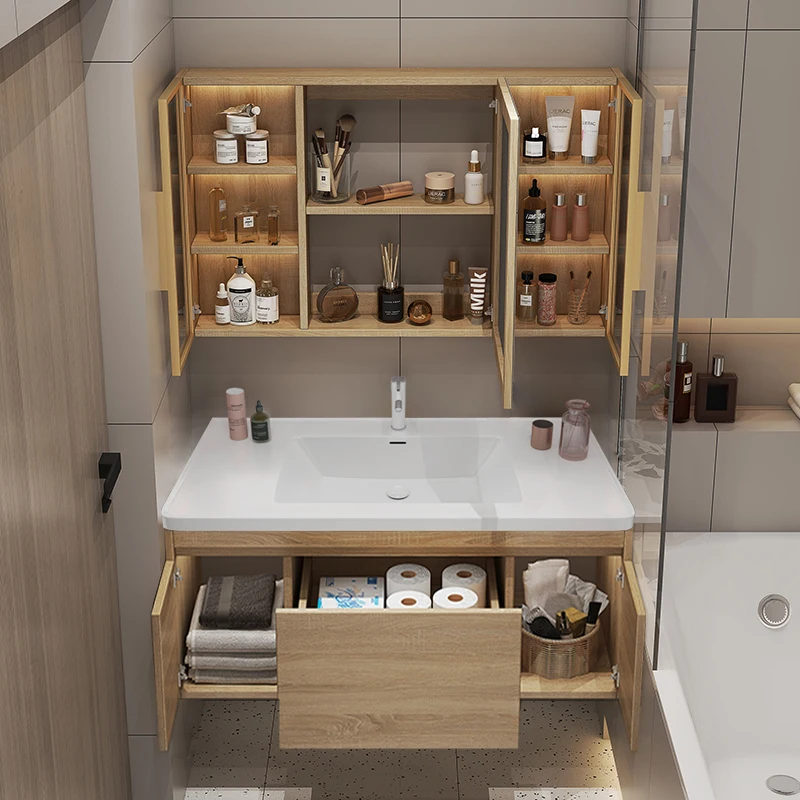 Bathroom Storage Cabinet With Sink Modern Solid Wood Bathroom Vanity Led Mirror Furniture