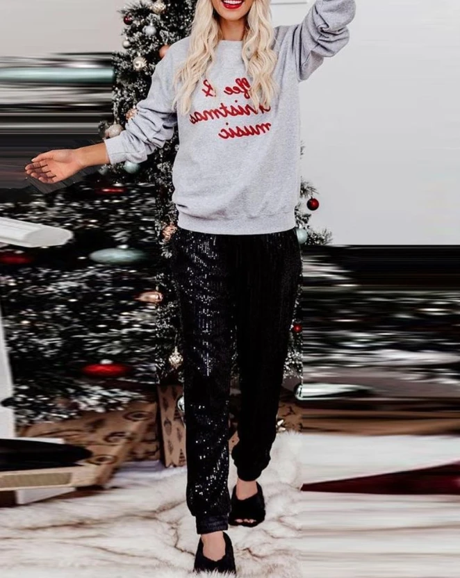 Two Piece Set Women Outfit Autumn Fashion Christmas Letter Print O-Neck Long Sleeve Top & Casual Sequin Daily Pants Set