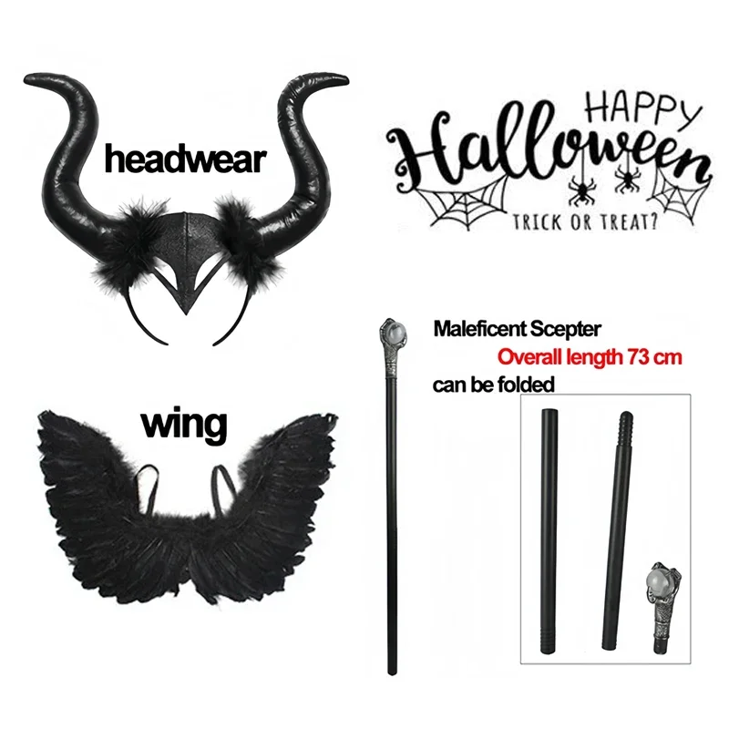 Halloween Maleficent Kostüm für Mädchen Evil Queen Dress Up Kostüme Hexe Teufel Schwarz Mesh Prinzessin Kleid Cosplay – Detail 16