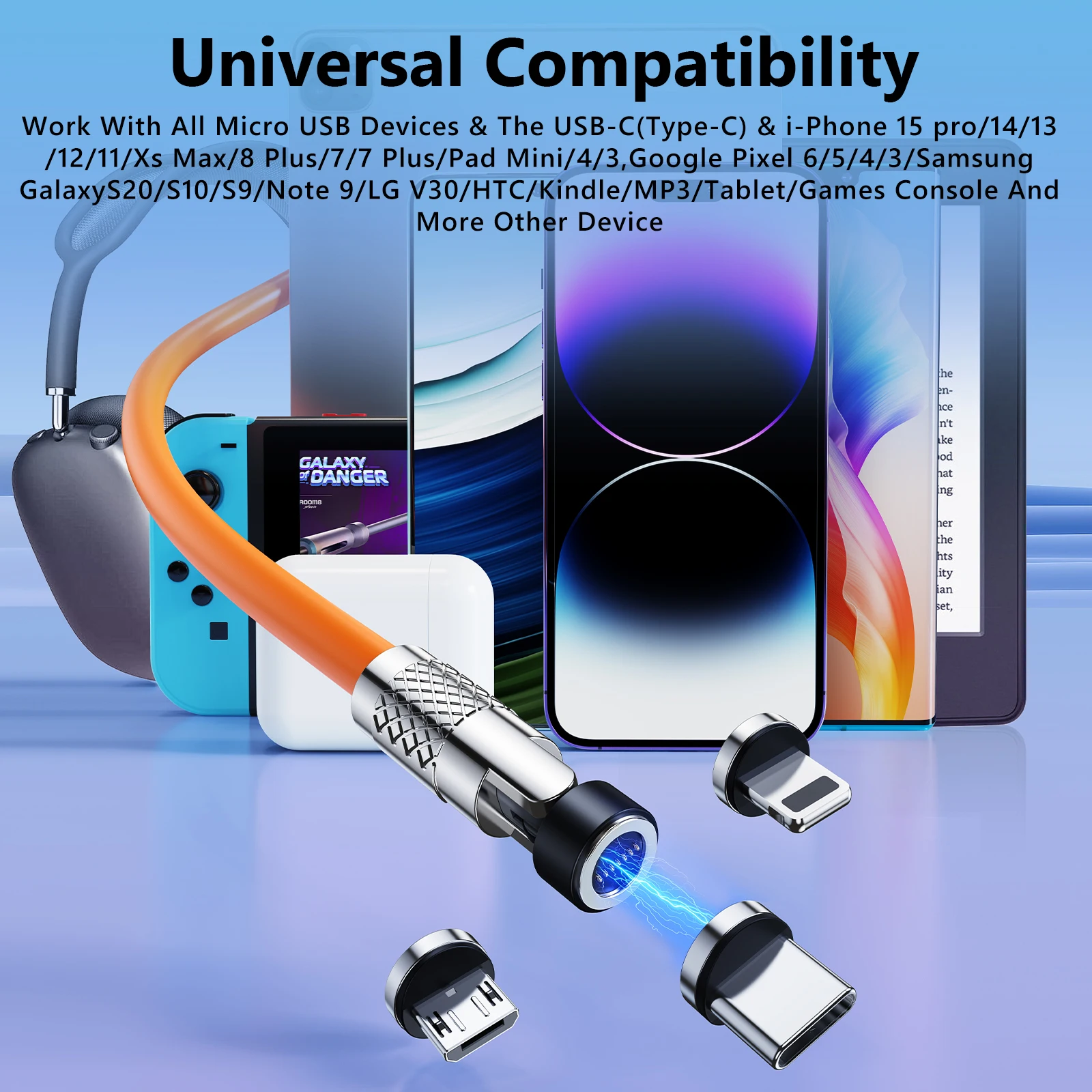 Eary Magnetic Charging Cable 540°Rotating 3 in 1  IPhone Charger 3A PD Fast Charging Cable for Type C Micro USB Universal Device