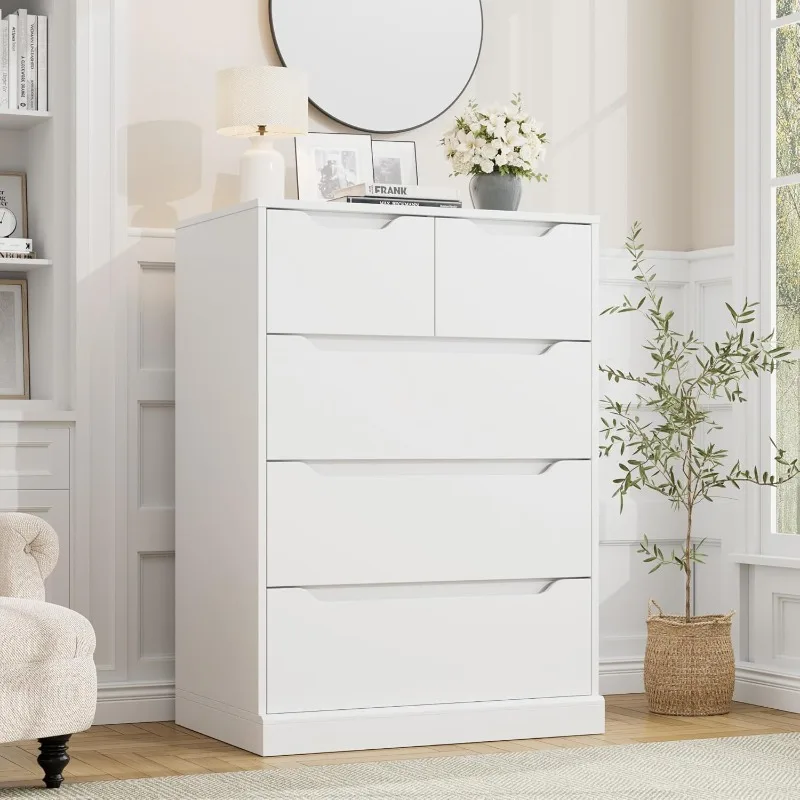 

Modern 5 Drawer Dresser for Bedroom, Chest of Drawers with Storage, Wood Storage Chest Organizers with Cut-Out Handles,