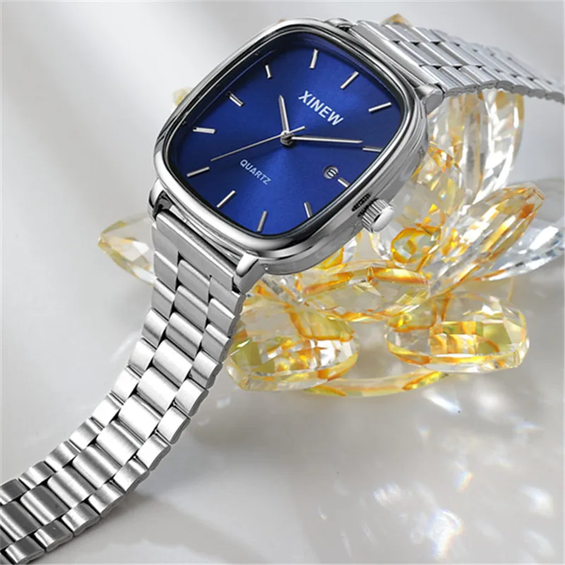 Wholesale 5pcs / lot XINEW Brand Men Watches Boys Fashion Stainless Steel Band Date Quartz Watch Black Montre Homme Reloj Hombre