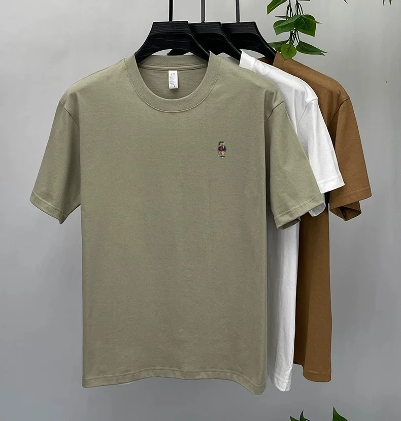 High-end pure cotton short-sleeved men's T-shirt, luxury brand printed cartoon bear, Korean style casual crew neck top for young