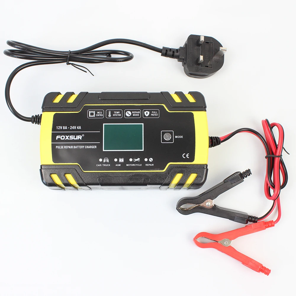 

Auto Car Battery Charger 12V 8A 24V 4A Automatic Battery Charger Fast Power Charging Pulse Repair Digital LCD Display UK Plug