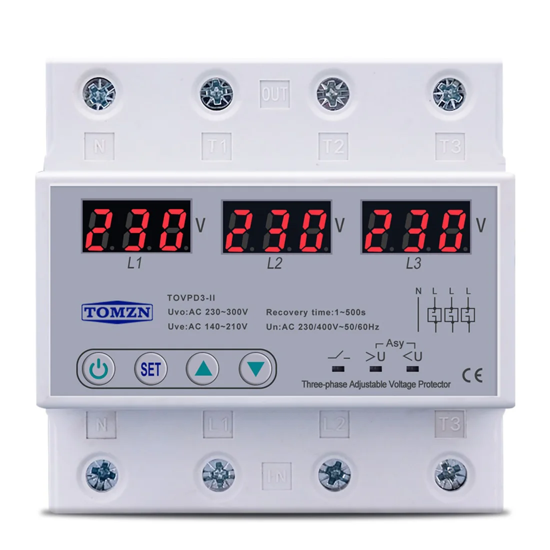 

TOMZN Three Phase Adjustable Over and Under Voltage Protector Automatic Recovery Protective Device Reset 63A 380V