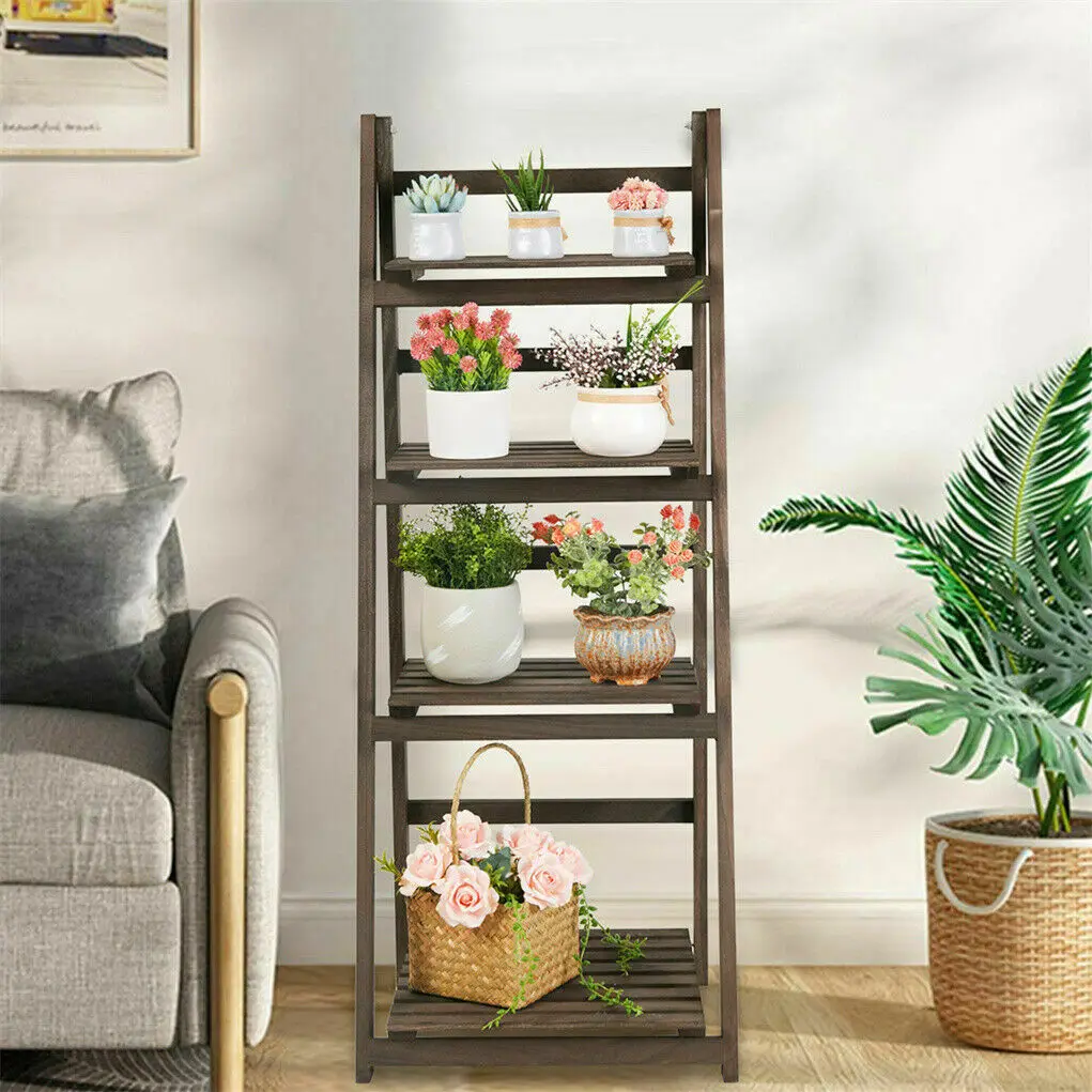 Rustic Wood Plant Stand 43" Foldable 4-Shelf, Indoor Outdoor Flower Pot Rack for Garden Patio Home Decor