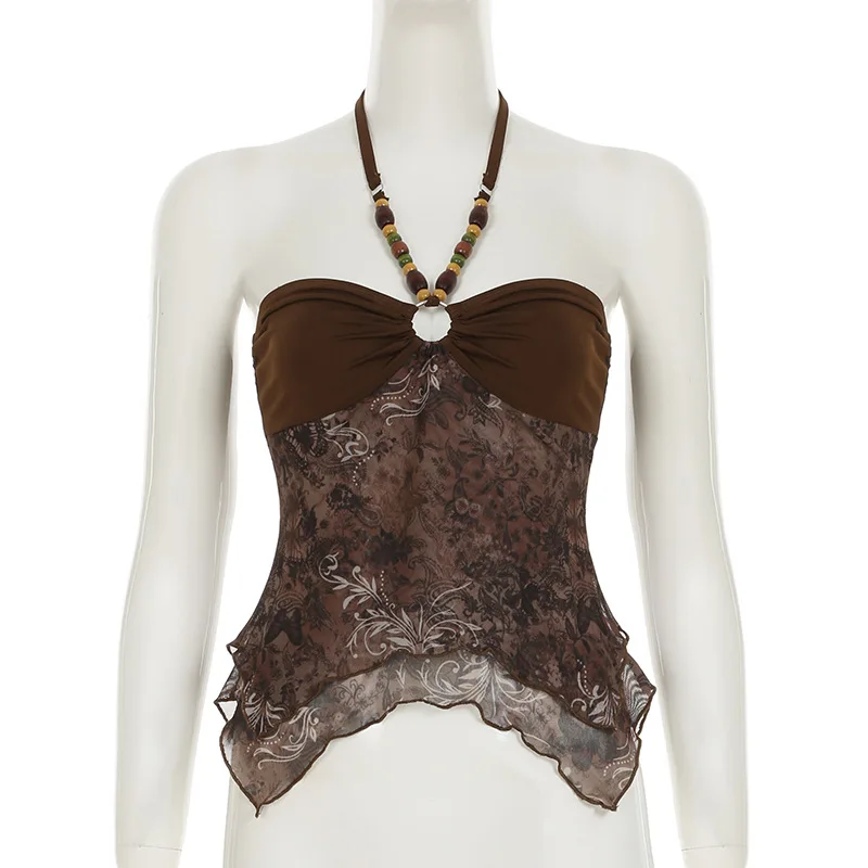 Retro Ethnic Beaded Folded Neck Backless Slim Fit Strap Vest Cross Border European And American Style Forest System 5