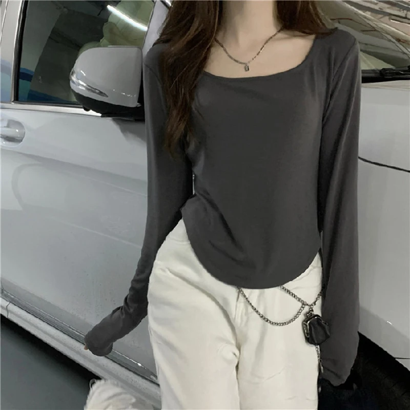 Women Long Sleeve Square Neck T-shirt Spring And Autumn New