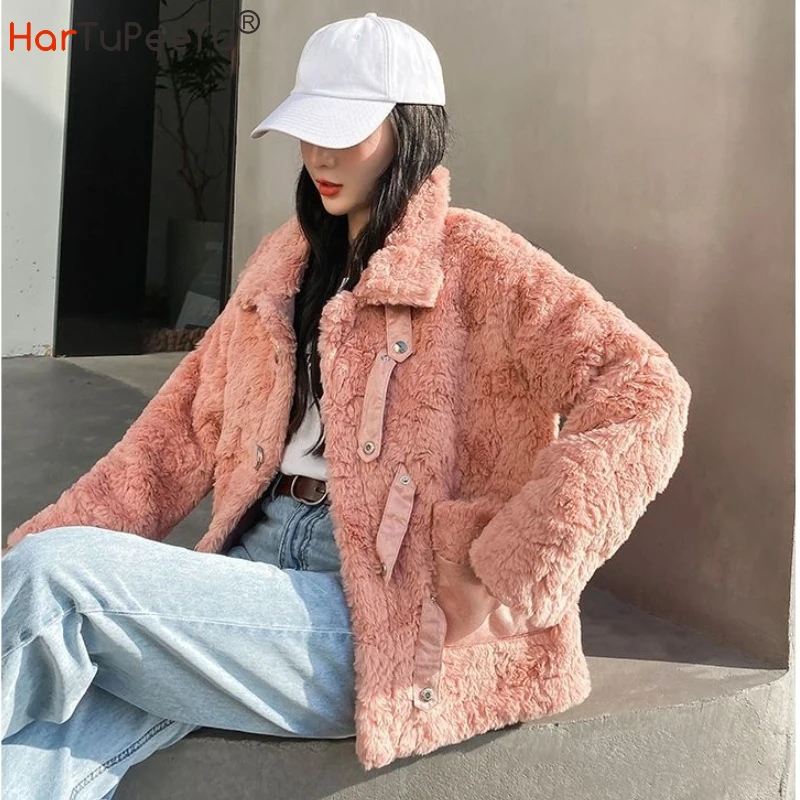 

Faux Jacket Women 2022 Winter Rabbit Fur Beige Pink Thick Warm Shearling Outwear Single-breasted Pockets Fitness Tops