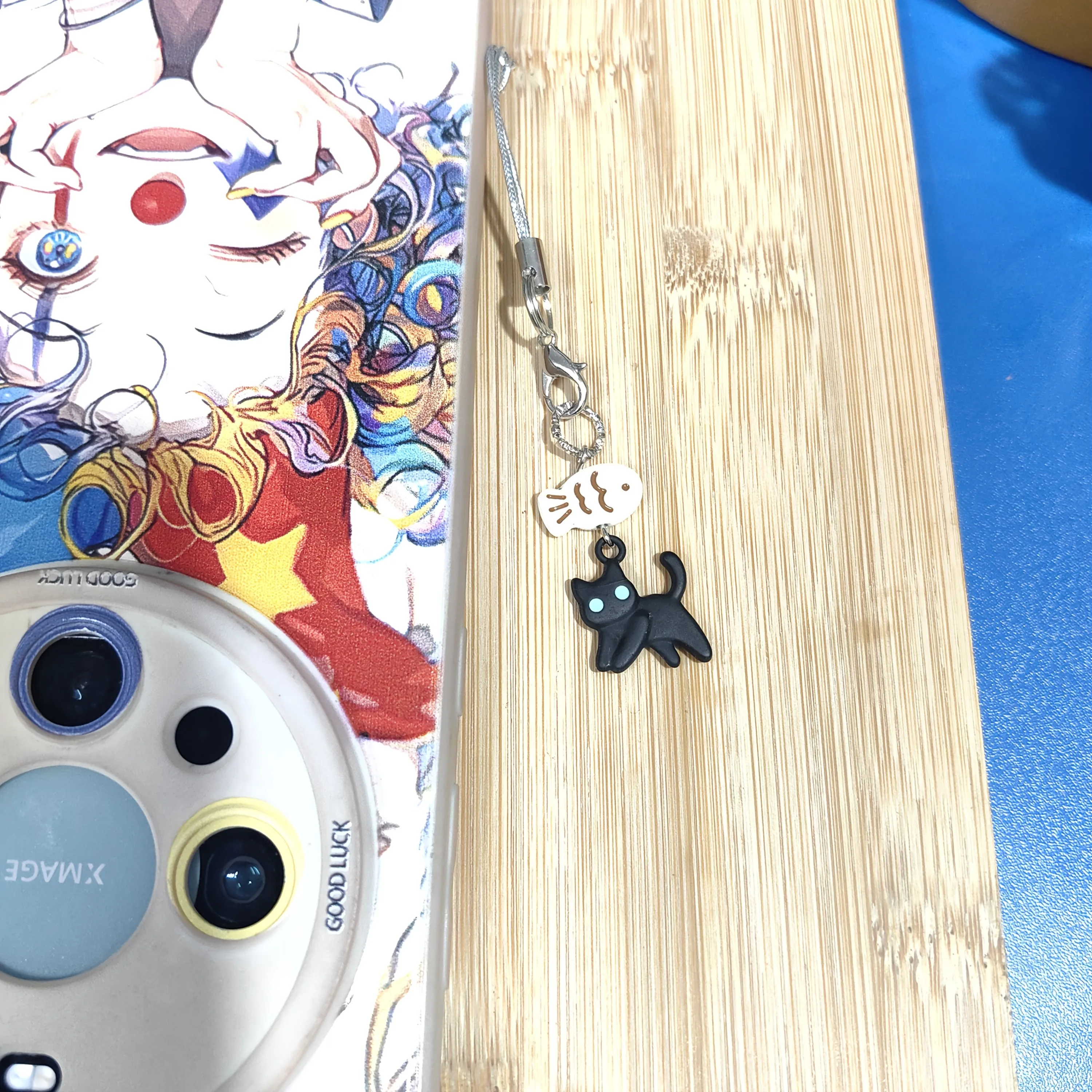 Adorable Black & White Cat and Fish Phone Charm & Keychain Pendant Set