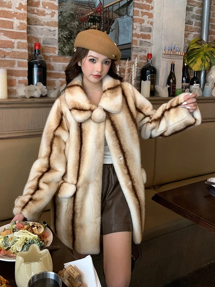 Mink Fur Coat for Women Long Eco Faux Fur Coat Korean Loose Thick Stripe Fluffy Jacket Female Overcoat Winter Clothes 2023