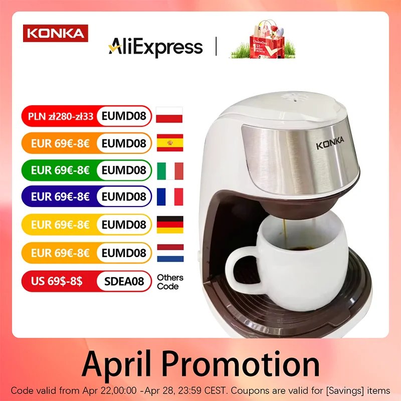 KONKA Drip Coffee Maker 10-Cup Auto Shut-Off Reusable Filter Compact Ideal for Home & Office Brews Fresh Coffee KCF-CS2