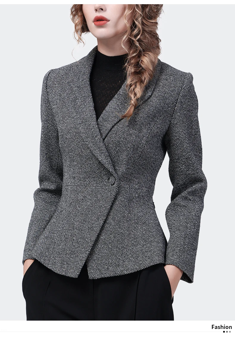 Elegant Suit Collar Women' Grey Woolen Blazer Slimming Short Female Autumn Winter Jackets Fashion Office Ladies Working Coat 6