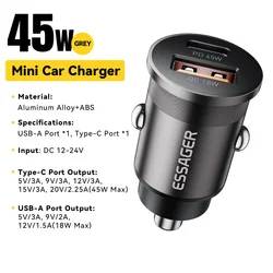 Compact 45W High - Speed USB Car Charger with QC 3.0 and PD 3.0 Technology - 45W Gray