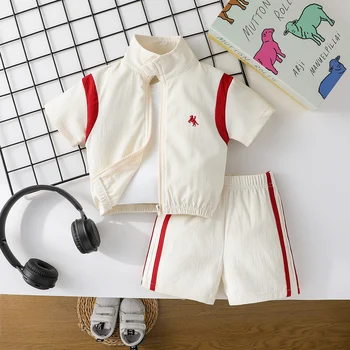2Pcs Baby Boys Short Sleeve With Zipper Top & Pants Set Summer Outdoor Sports Clothes For 1-3Y Casual 1